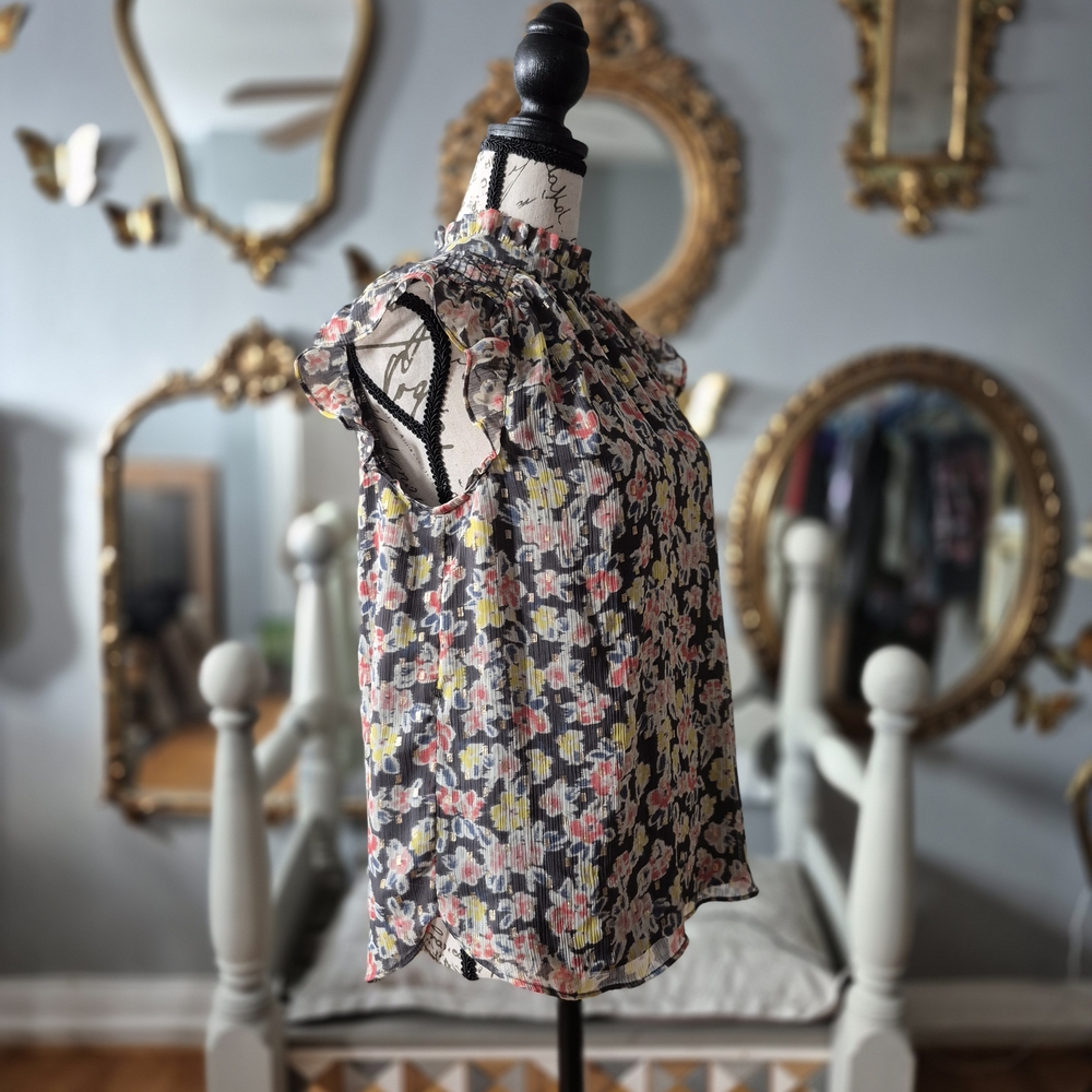 LOFT Floral Ruffle Blouse - Black, Pink, Yellow Small